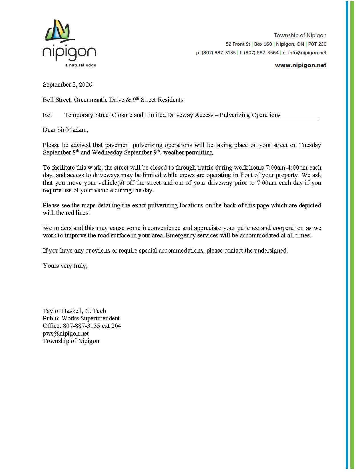 Letter to Residents Bell St Greenmantle Dr 9th St Pulverizing Sept 89 2026 Page 1