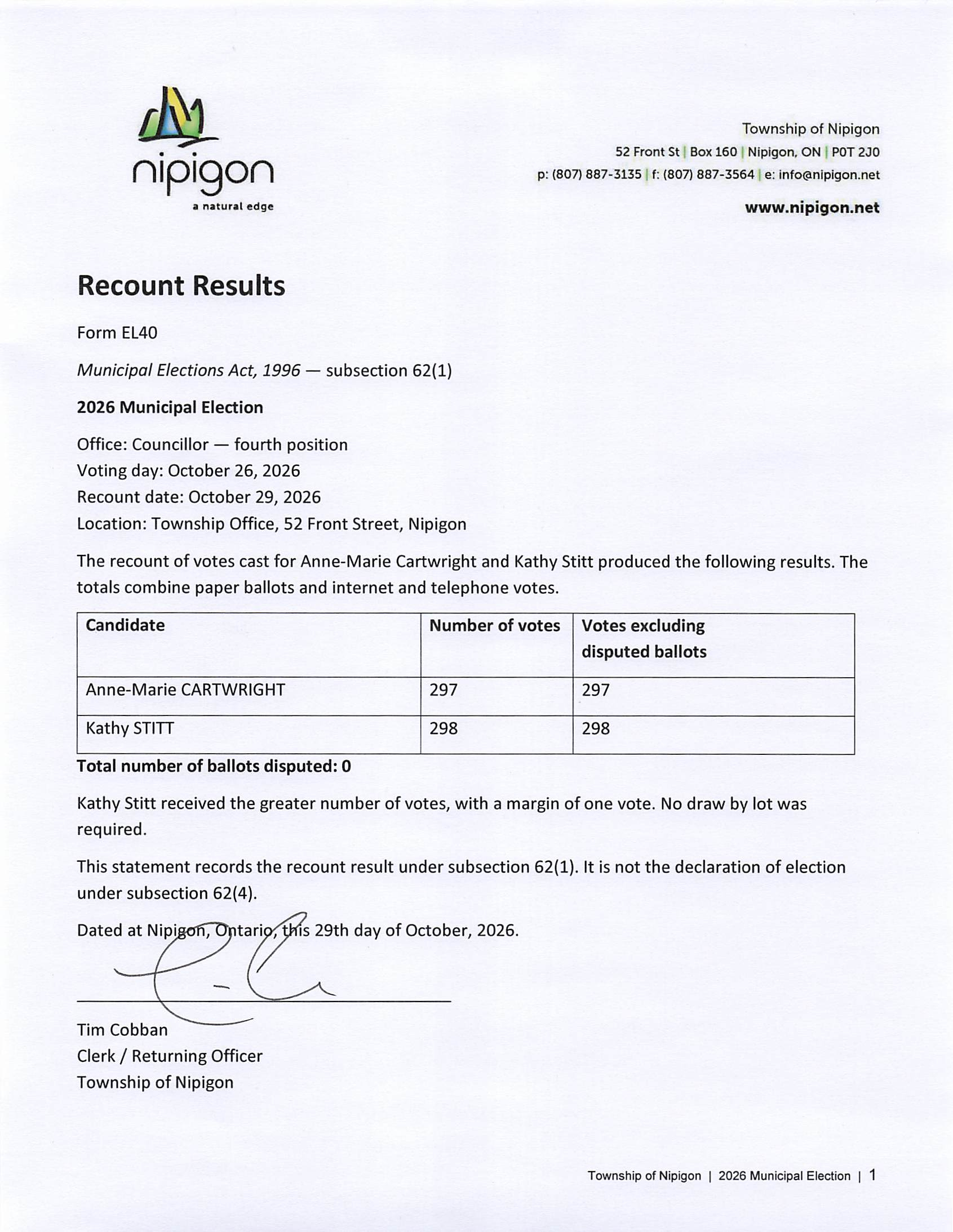 Nipigon 2026 Recount Results EL40